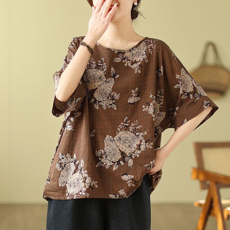 Lockeres Baumwoll-Leinen Übergröße Damen Bedrucktes T-Shirt Sommer Ethnischer Stil Fledermausärmel Schlankmachendes Mom Blumenmuster Oberteil