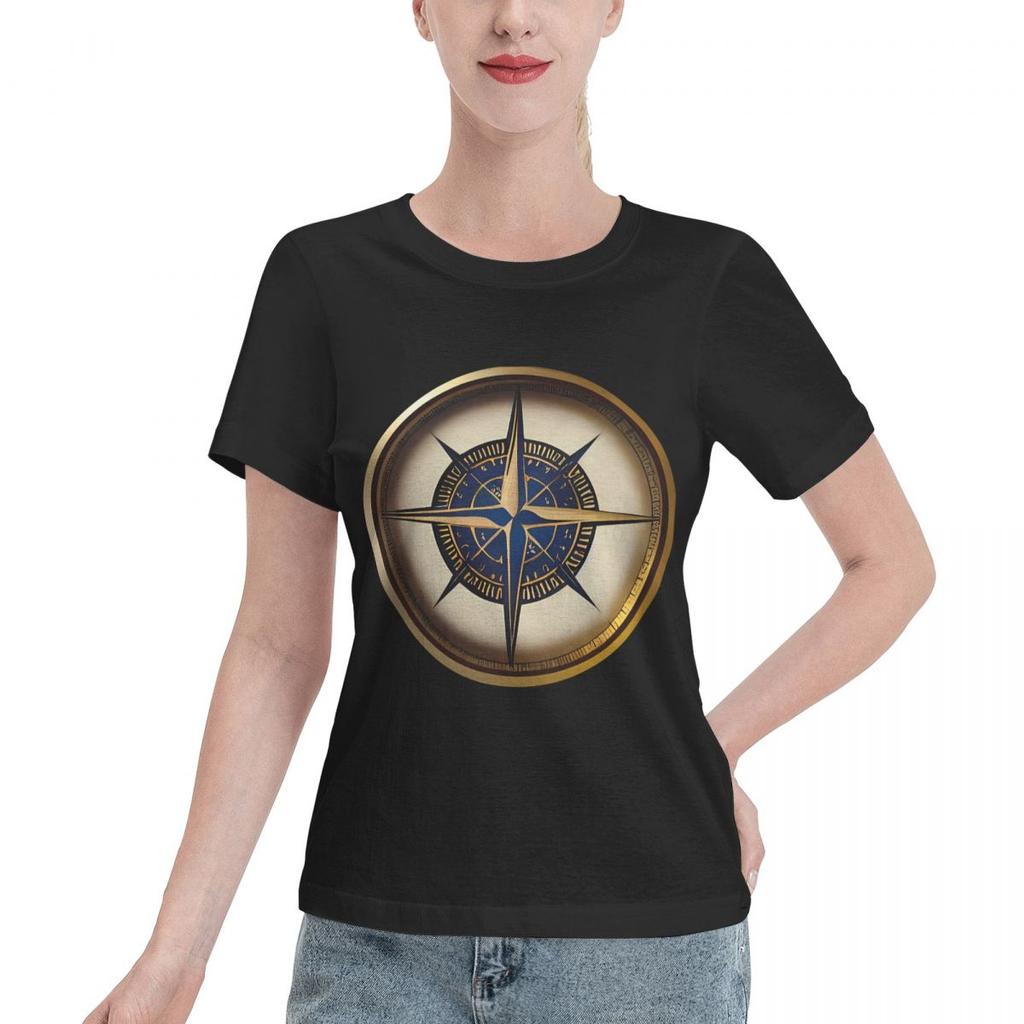 Great Deal Golden Vintage Nautical Compass Gold And Navy Blue Unisexs TShirt Simple Female Casual Tshirt