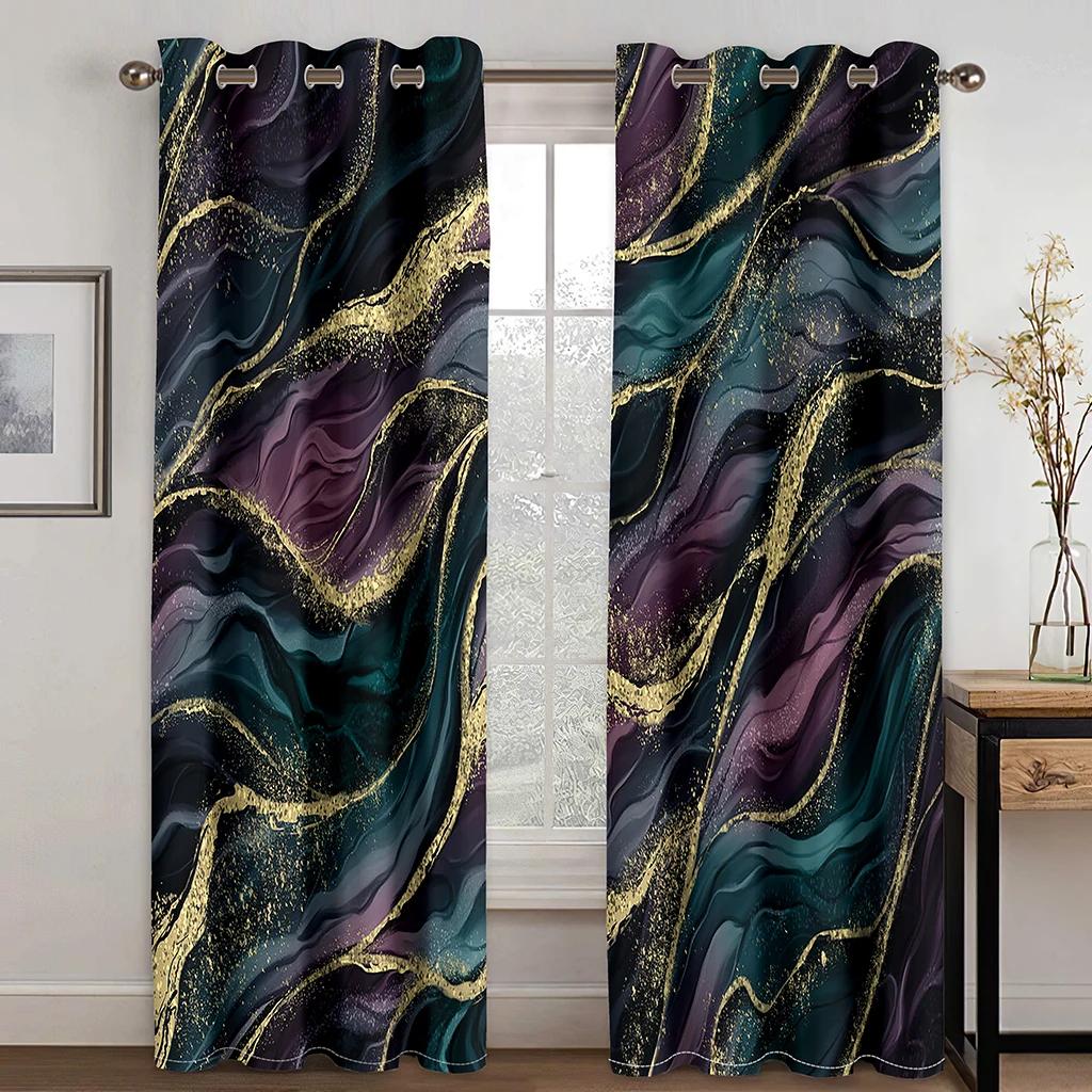 Modern Black Gald Marble Texture Crack Thin 2 Pieces Light Filtering Curtain for Living Room Bedroom Home Window Drape Decor