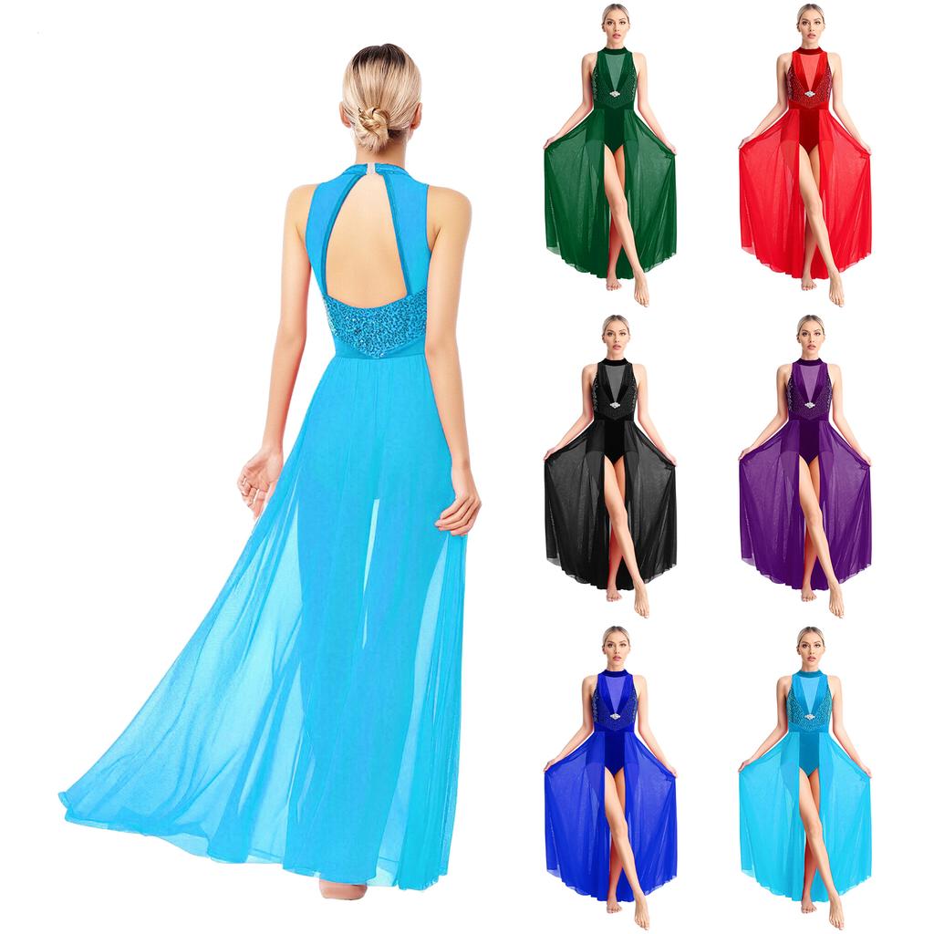 Women Lyrical Dance Leotard Dress Modern Contemporary Costume Sequins Halter Sleeveless Long Flowy Maxi Dress