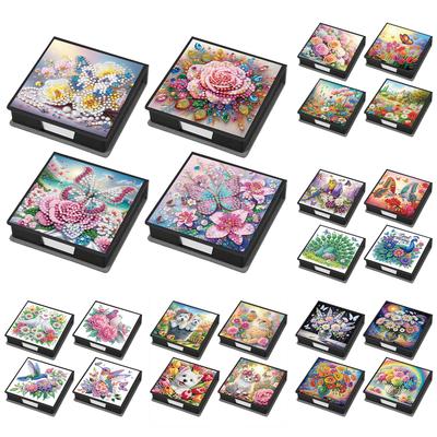4Pcs 5D DIY PU Gem Art Sticky Note Case with 160 Sheets Paper Gem Painting Notecard Box for Living Room Home Office Decoration