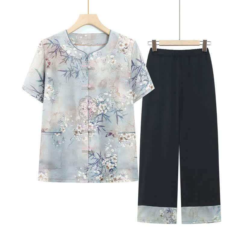 Elegant Women s New Chinese Style Embroidered Summer Two-Piece Set 5XL