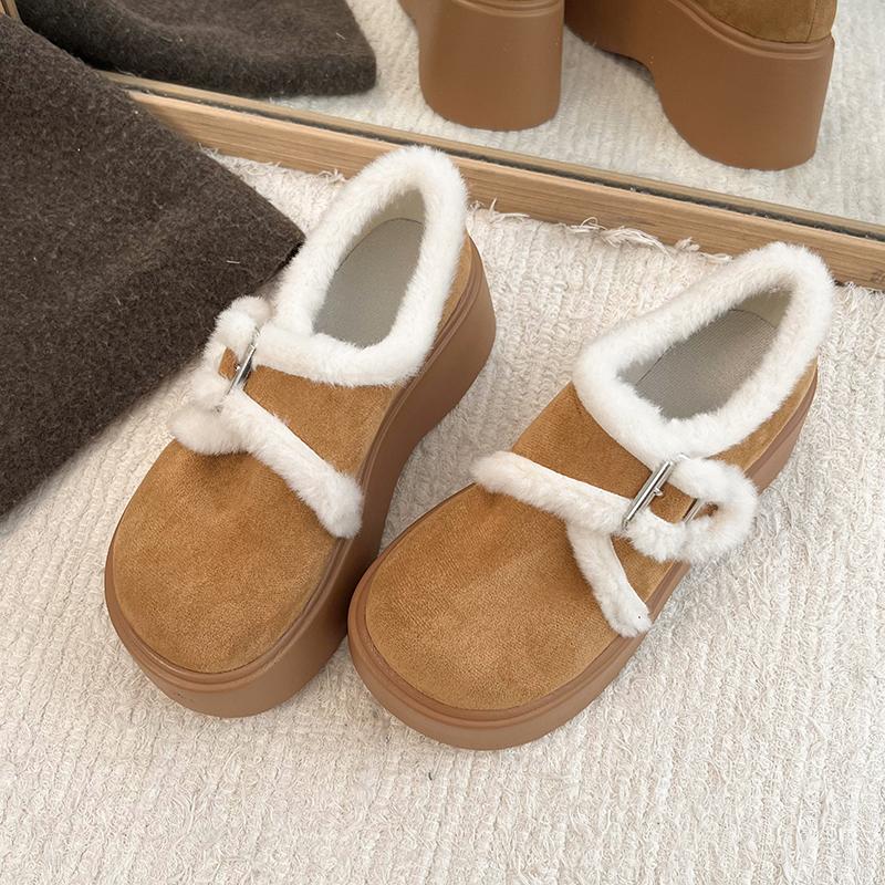 Automne Hiver Fourrure Femmes Bottes de Neige Élégantes Boucle Chaussures à Semelles Compensées Dames Extérieur Chaud Coton Bottines Courtes