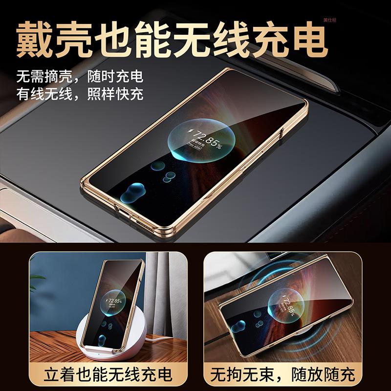 Applicable To Honor Magiv6 Mobile Phone Case Double Central Axis Rotating Bracket Magnetic Suction Plating V6 Anti-drop Hinge Real Cowhide Cover