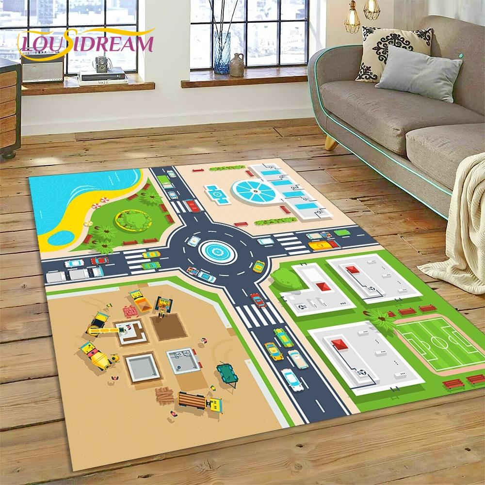 3D Autobahn Laufsteg Spielzimmer Stadtverkehr Straßenkarte Kinderspielmatte Teppich für Wohnzimmer Schlafzimmer Heimdekor, Rutschfest für Sofa
