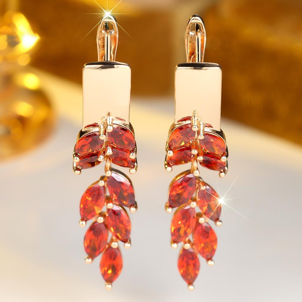 Crystal Red Zircon Stone Leaf Hoop Earrings For Women Vintage Gold Color Wedding Jewelry