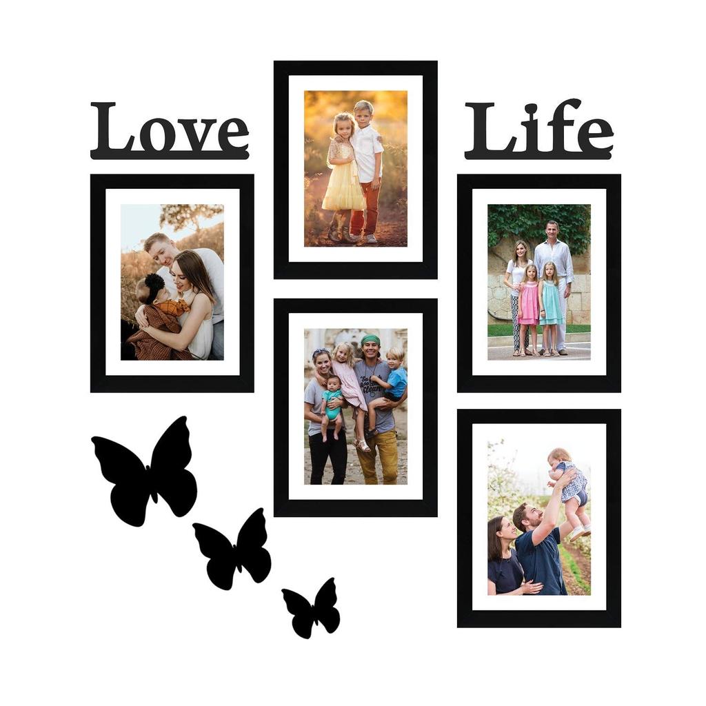 Set of 5 Photo Frames (6 X 8 Inch - 5) With Mount Paper & Love Life & 3 Butterfry Plaques.