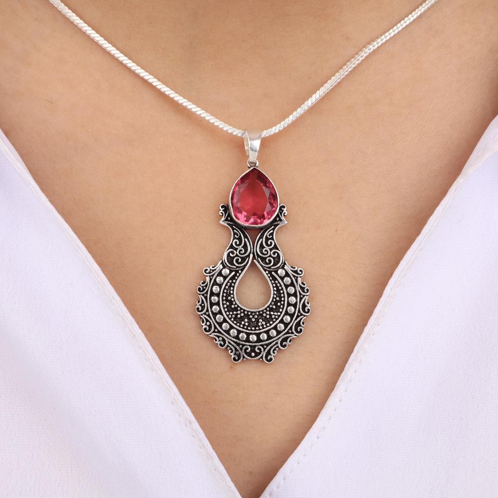 Pink Tourmaline Gemstone Designer Silver Pendant 1.8" Women Jewelry For Women CP-45-4
