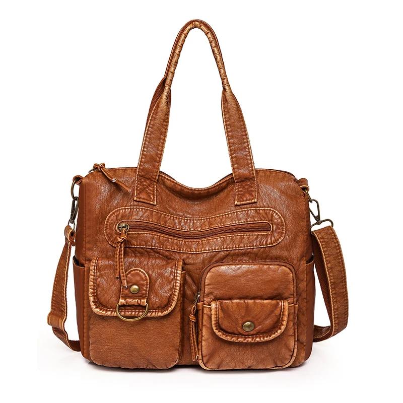 Fashion Soft Leather Crossbody Bag Shoulder Bags New Women‘s Large Capacity Casual Totes Solid Color Double Pockets Shopping Bag