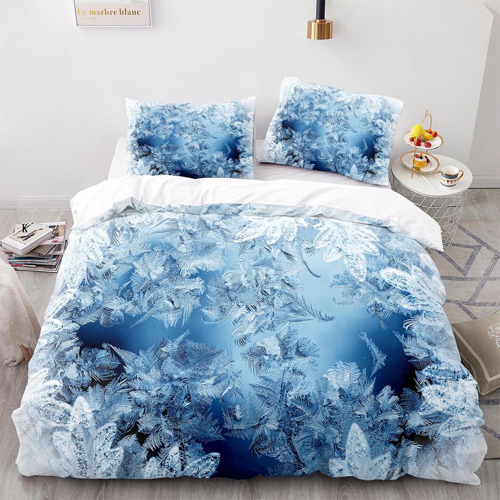 Snowflake Polyester Duvet Cover Set King Queen Twin Full Size Geometric Winter Inspirations Theme Cold Weather Season for Teens