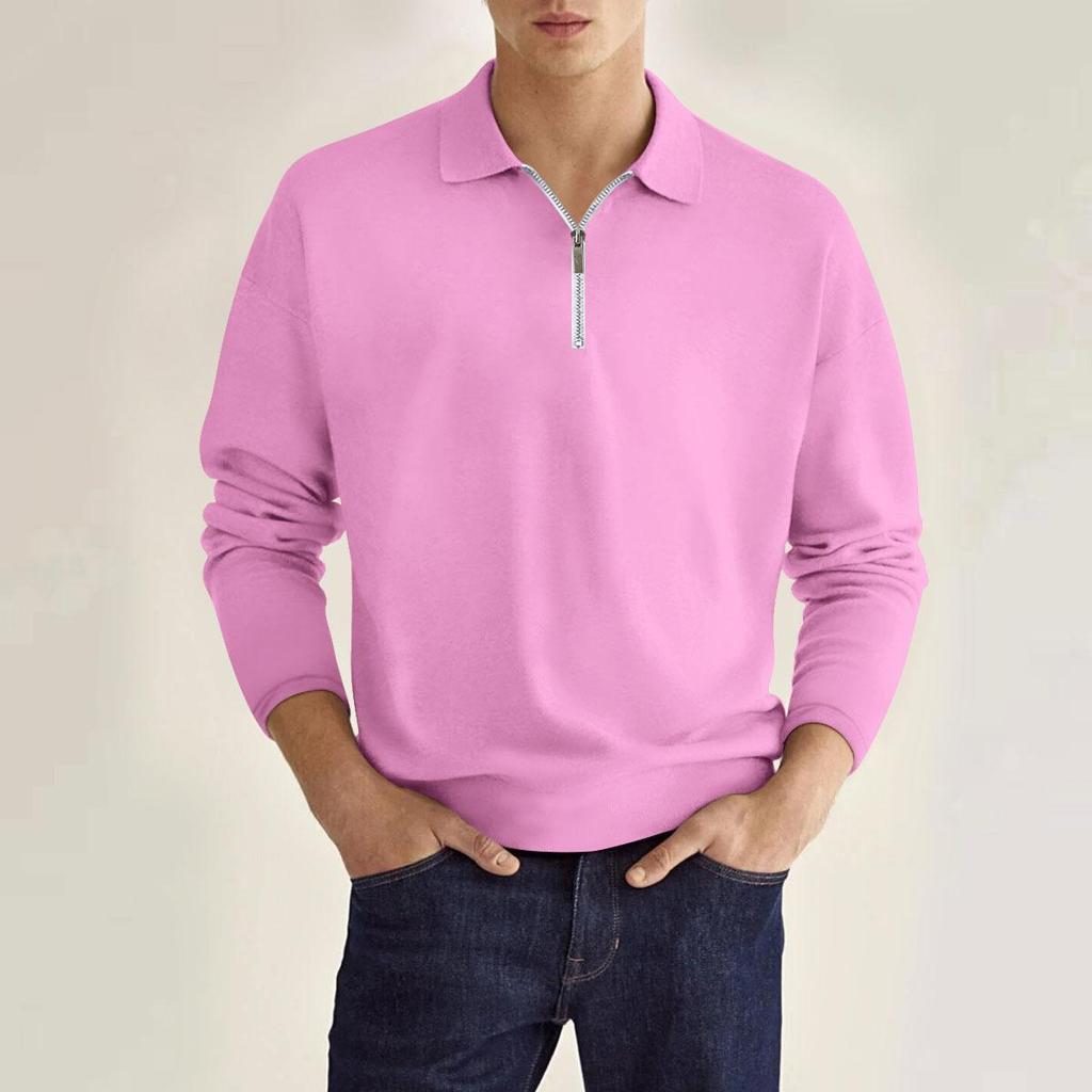 Fashion Men's Casual Polo Top Shirt Zip Solid Colour Men's Long Sleeve Sports Polo Shirt