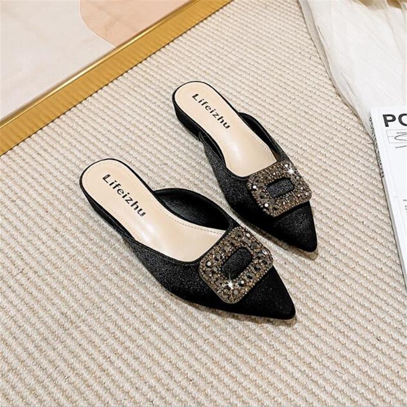 Women Slippers Fashion Rhinestone Sequins Slip On Square Heel Pumps Lady Classic Black Beige High Quality Comfort Summer Shoes