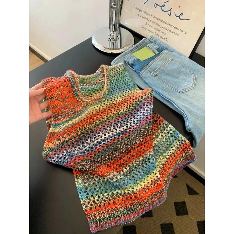 Women s Rainbow Knit Hollow Out Sleeveless Vest Top S оранжевый
