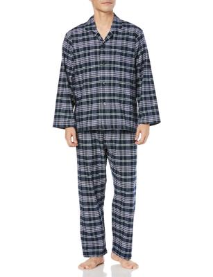 Gunze Seamless Side Long Sleeve Pants Dyed Navy Blue Men's Pajamas, (Front Opening), 100% Cotton, Flannel, (SF4093)