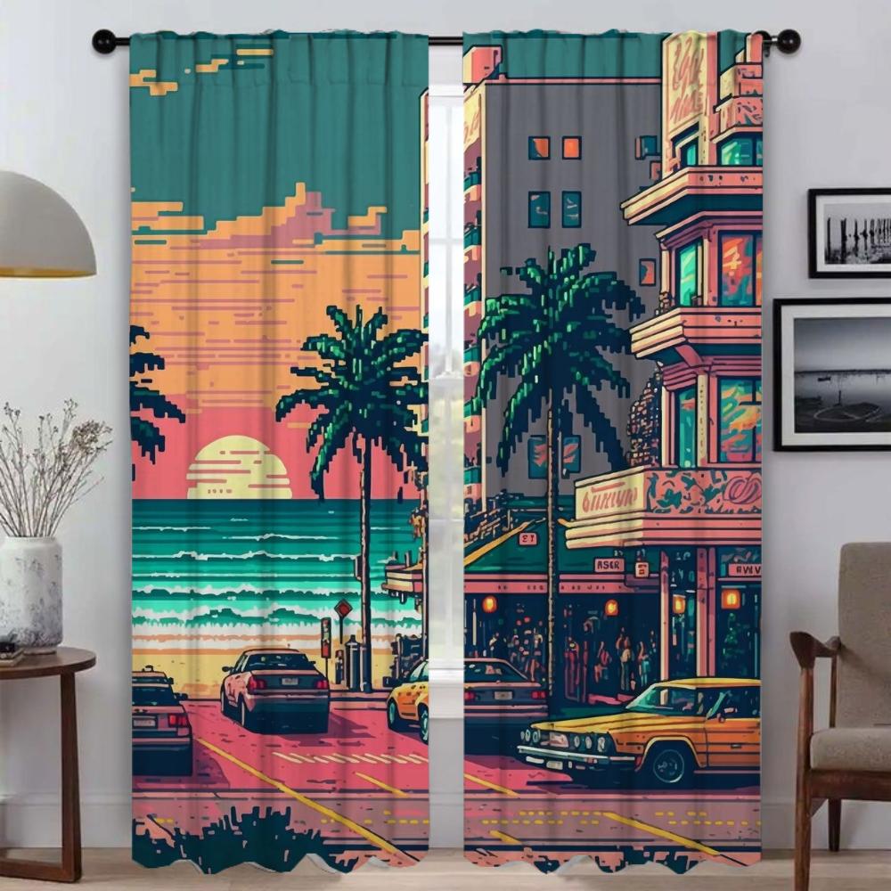 Cities Pixel Art Curtains Child Room Partition Blackout Curtain for Room 2 Panel Home Interior Curtains Shades Living Kitchen