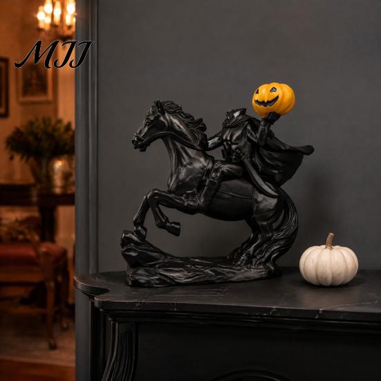 Vintage Tabletop Statue Headless Horseman with Pumpkin, Horror Knight Holding Pumpkin Collectible Art Ornament Ornament, Halloween Horse Sculpture
