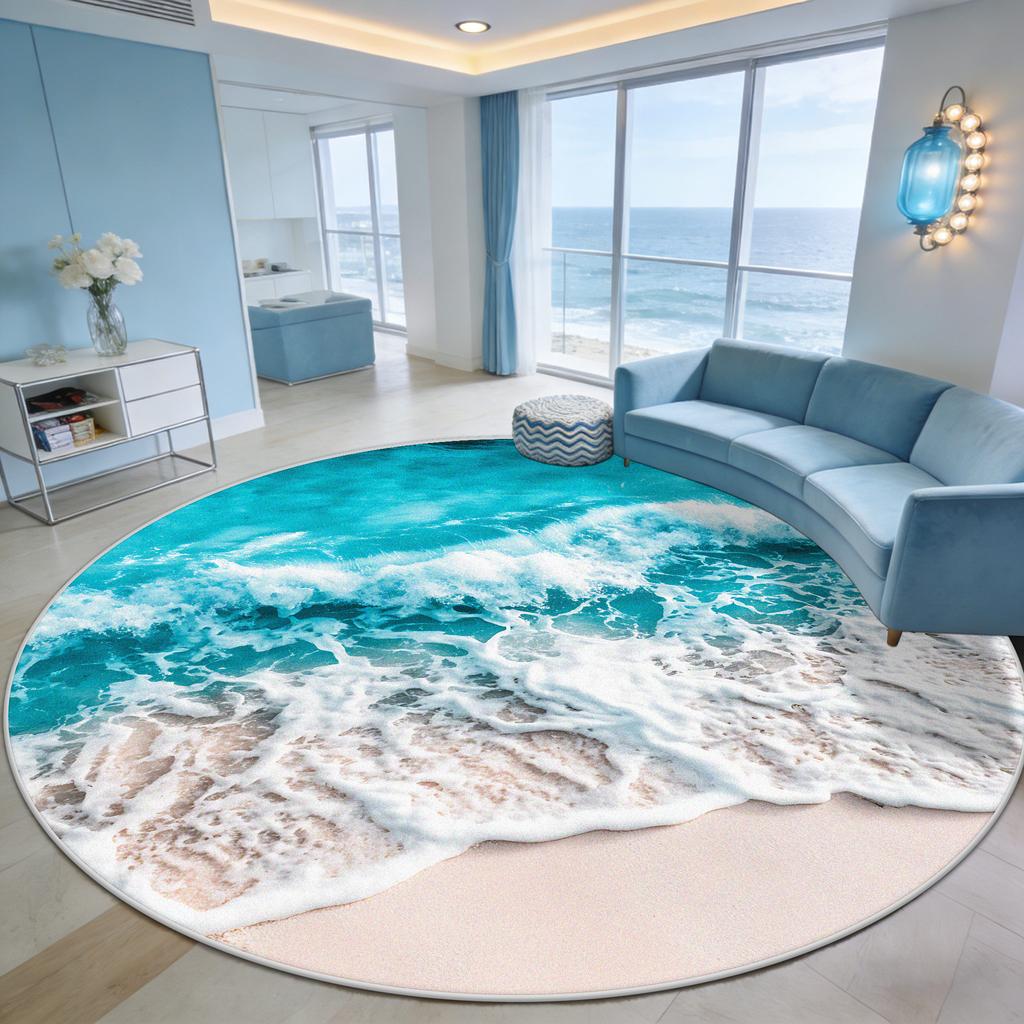 Immersive Wave Beach Round Carpet for Living Room Decoration Terrace Courtyard Antiskid Rug Easy Clean Fluffy Mat for Children