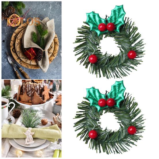 10 Teile/satz Weihnachtskranz Serviettenring Weihnachtsmannmütze Glänzende Blätter Wiederverwendbare Weihnachtsfeier Feiertag Tischdekoration Künstliche Girlande Abendessenserviette