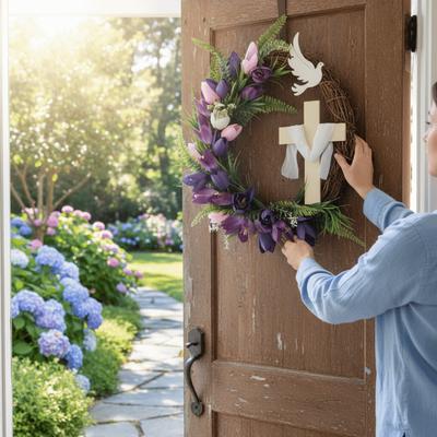Artificial Easter Tulip Cross Wreath Faux Flowers Door Hanger Rattan Ring Garland  Kids Gifts