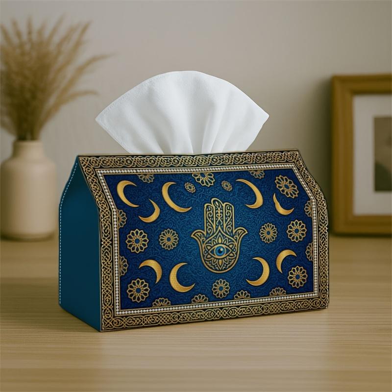 1pc Mystical Hamsa Hand Navy Tissue Box Cover, Featuring a Golden Moon Star Design, Is Made of High-Quality, Durable, And Lightweight Materials. It Is