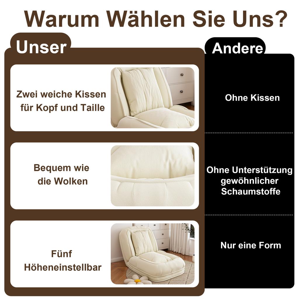 Foldable Ergonomic Sofa Bed for Adults & Pets – 5-Way Adjustable (90 degrees-180 degrees) with 2 Cushions