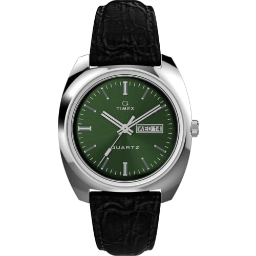 

Timex Men s Q 1978 Day/Date 37mm Watch - Black Strap, Green Dial, Stainless Steel Case, Black, Modern