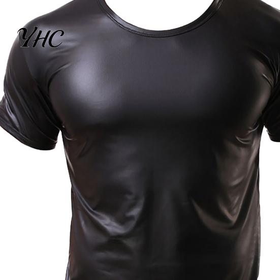 Men Sexy T-shirt Short Sleeve Elastic Faux Night Club Tops Leather Undershirt Muscle for Party