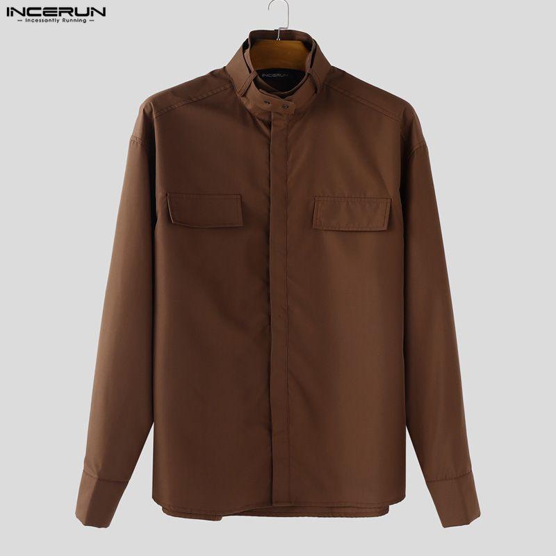 INCERUN S-5XL Men Casual Stand Neck Long Sleeve Loose Cargo Shirts Tops