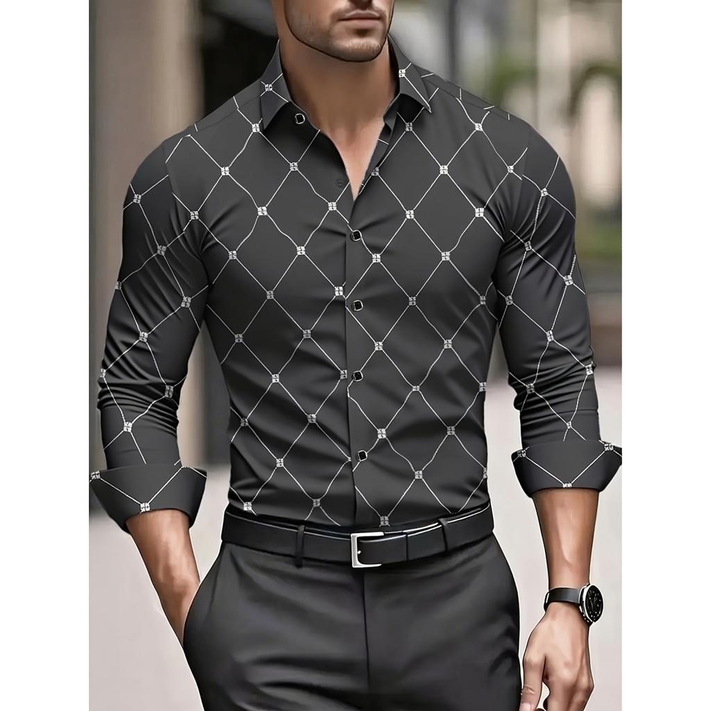 Men's Trendy Geometric 3D Line Print Long-Sleeved Shirt Men's Button up Shirt Casual Fashion Male White Shirt Lapel Shirt Tops