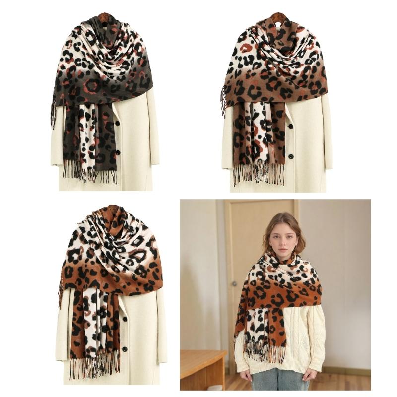 Leopard Print Fringe Cashmere Scarf Shawl For Women Soft Warm Winter Fashion Accessory Lightweight Warm Wrap