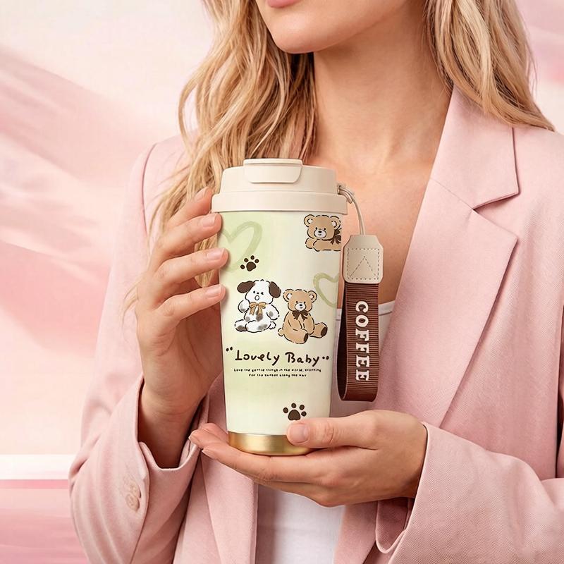 Coffee Mug 532ml Bear Puppy Bow Element Lanyard Insulated Cup Stainless Insulated Cup Beach Cup Outdoor Cup Leakproof Coffee Cup Coffee Mug 532ml
