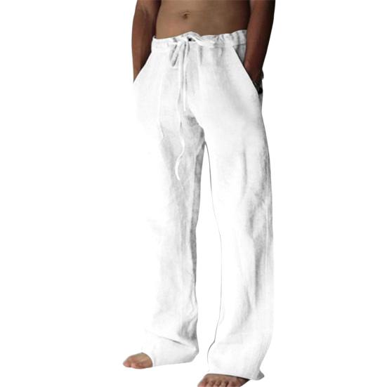 

Men Summer Pants Straight Elastic Waist Solid Color Drawstring Loose Daily Wear Thin Pockets Men Trousers Male Clothing L білий