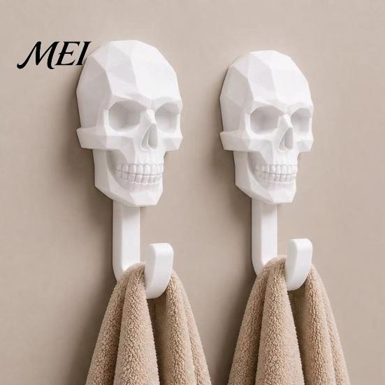 Silný Materiál Nástěnný Hák 2ks Nahoru, Hák s 3D Tištěným Designem Lebky, Věšák pro Montáž Bez Vrtání, Voděodolný Koupelnový Úložný Věšák na Ručníky