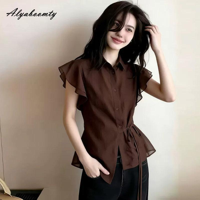 Korean Fashion Summer Women Brown Blouse Turn-Down Collar Lace Up Stylish Office Lady Shirt Butterfly Sleeve Ruffles Feminine Blouse
