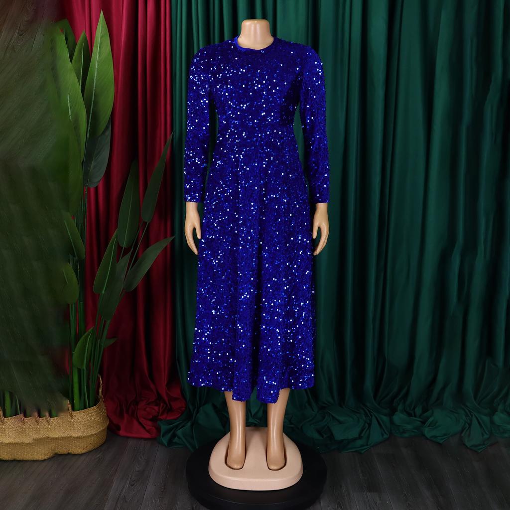 Sukienki damskie z okrągłym dekoltem, długim rękawem, jednolitym kolorem, cekinami, wysokim stanem, o średniej długości