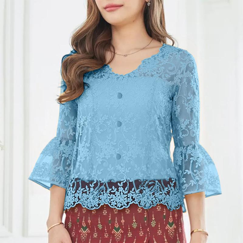 

ZANZEA Женская повседневная блузка с V-образным вырезом, рукавом 3/4 и кружевной вставкой в стиле пэчворк 4XL синий