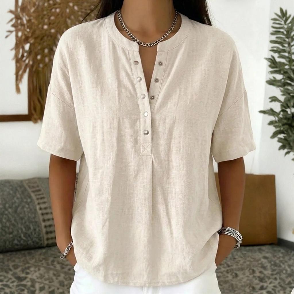 Women’s Short Sleeve Henley Linen Shirt Casual Loose Fit Blouse with Button Front and Round Neck for Everyday Wear