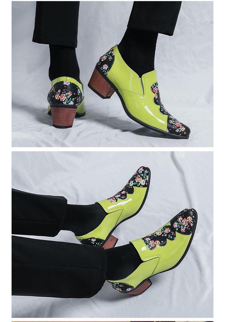 Men's Ethnic Style Autumn Floral Leather Shoes - Pointed Toe, Increased Height, Large Size, Formal & Casual, European & American Design.