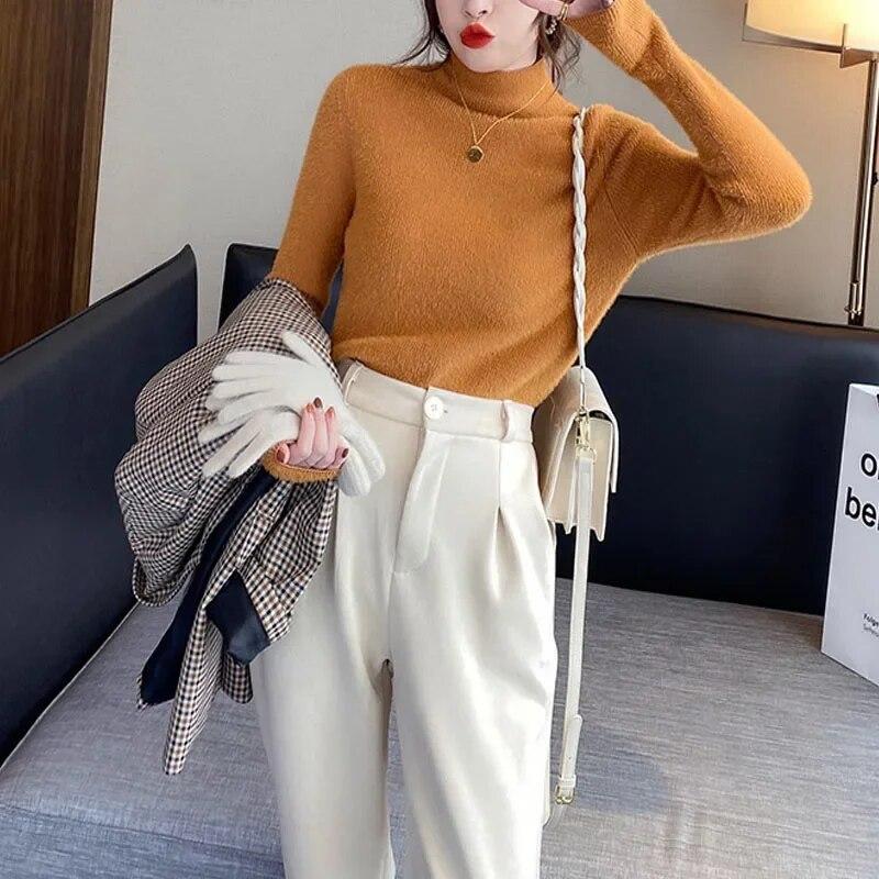 Winter Büro-dame Nerz Fleece Warme Pullover Mode Verdickt High-neck Strickwaren Beiläufige Gestrickte Langarm Pullover Frauen 29784