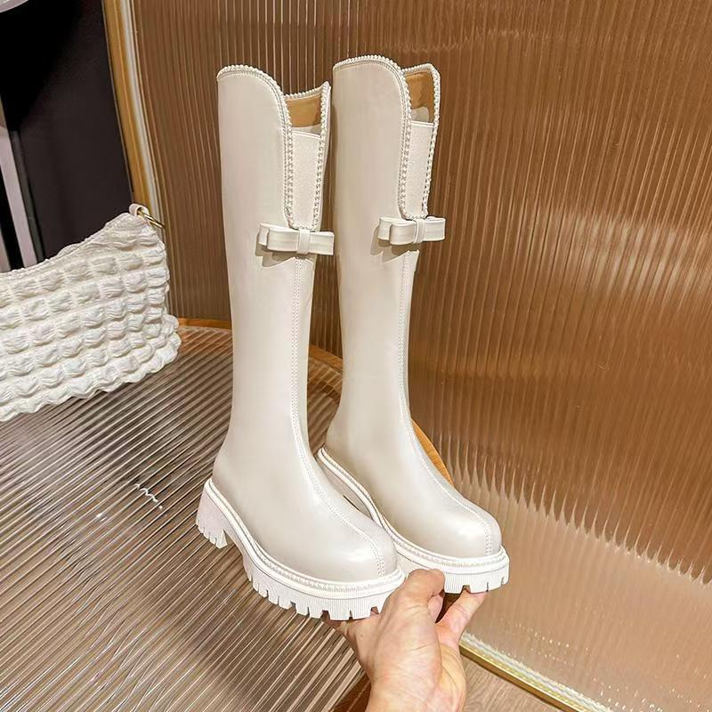 Pearl Bow Middle Heel Round Toe Ladies Knee High Shaft Shoes Autumn Winter Chic and Elegant New in Gothic Hot Women's Long Boots