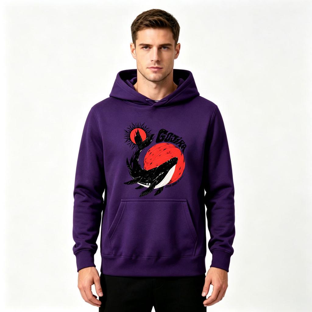 Men's Orca Whale Red Sun Print Casual Pullover Hoodie Long Sleeve Lightweight Hooded Sweatshirt