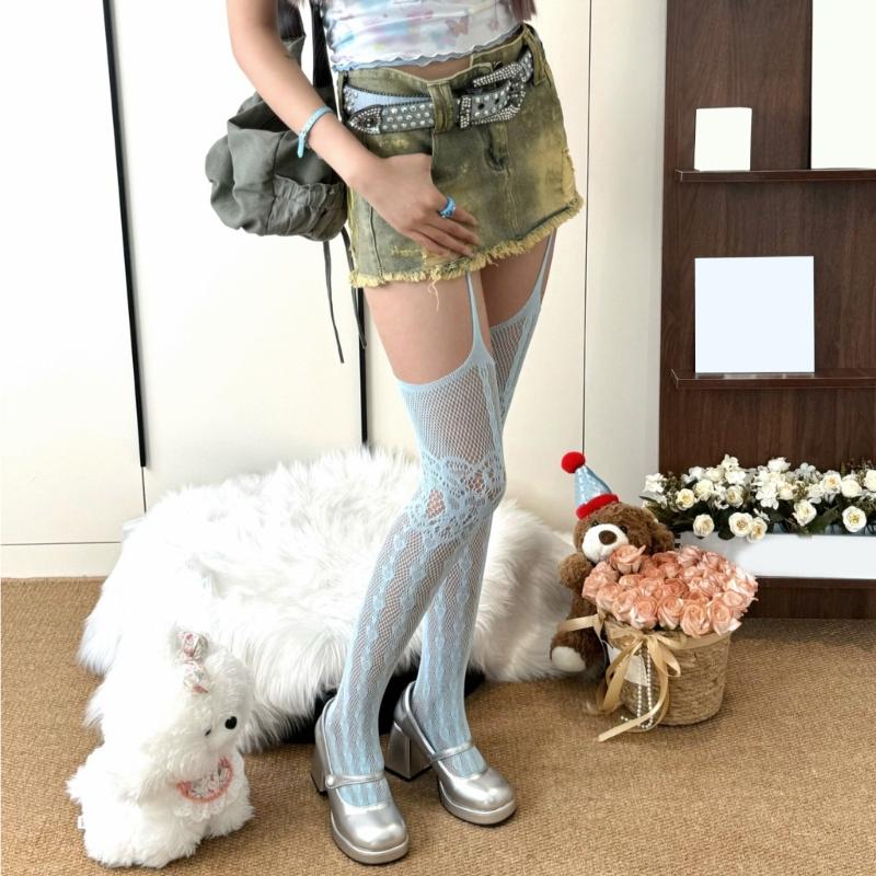 Women Subculture Fishnet Mesh Thigh High Stockings Sweet Heart Patterned Hollowed Garter Belt Pantyhose Suspender Tights