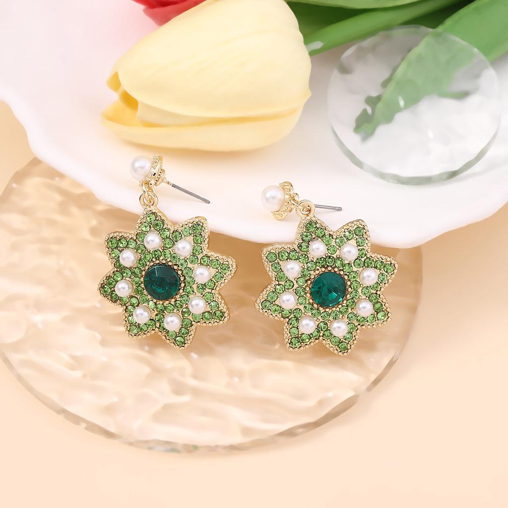 Bohemian vintage colored diamond-encrusted rice beads flower floral earrings imitation pearls exaggerated statement earrings