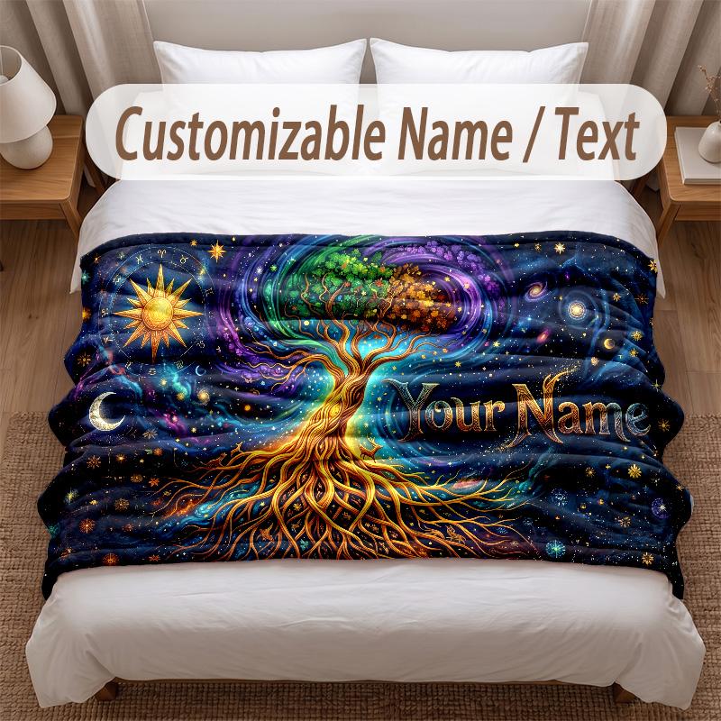 Tree of Life Theme Soft Blanket Personalized Custom Name Text Print Warm Blanket Home Sofa Bedroom Decor