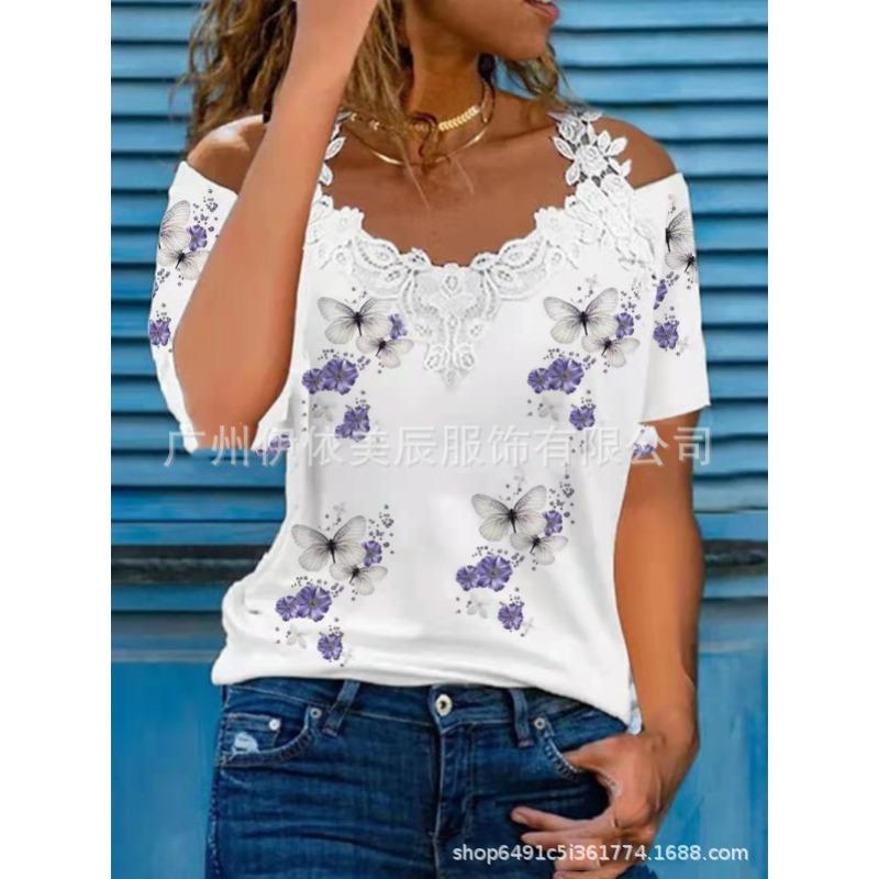 

Летние футболки с V-образным вырезом, кружевной отделкой, открытыми плечами и короткими рукавами, повседневные женские S