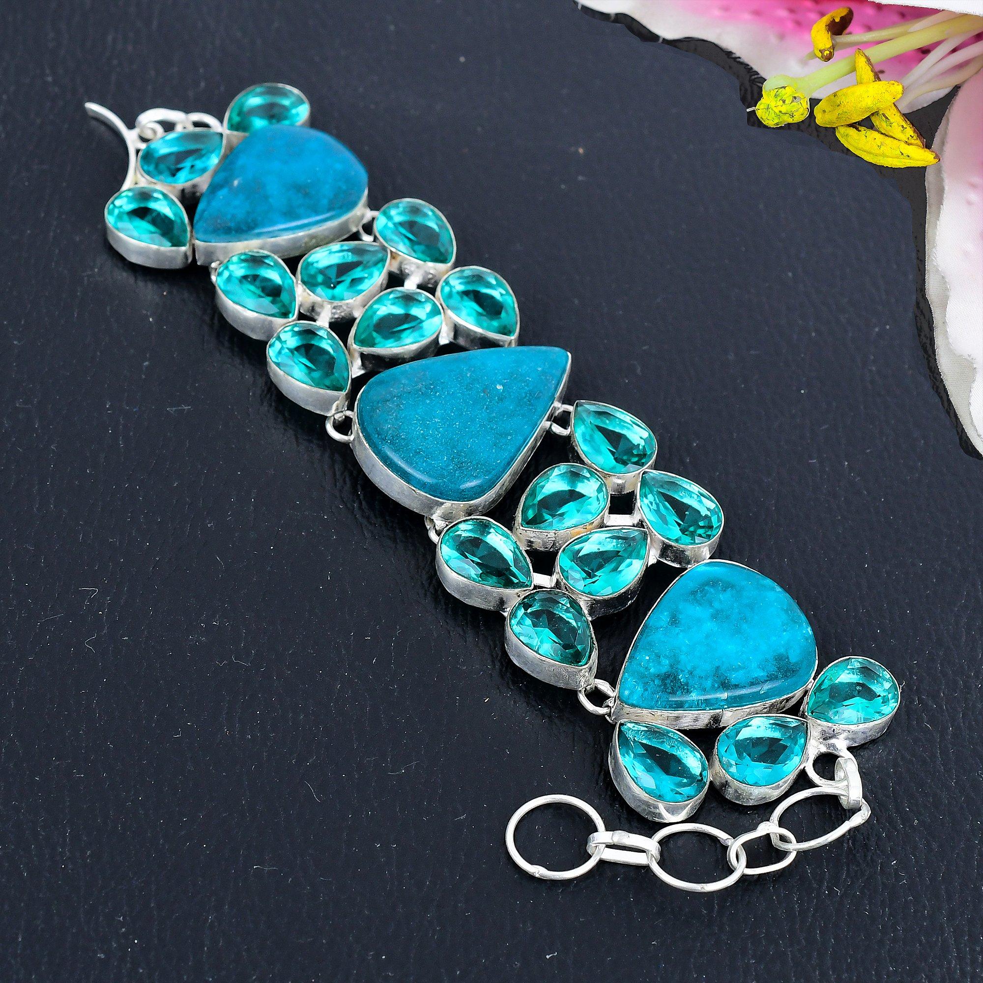 

Neon Blue Apatite, Tourmaline Gemstone 925 Sterling Silver Bracelet 7-8 KG-1813