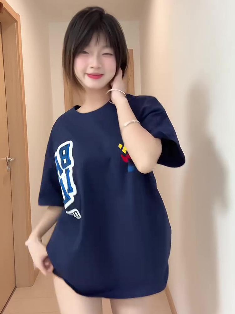 Women's Retro Black & White Cotton Crew Neck Loose T-Shirt - Summer 2025 Collection