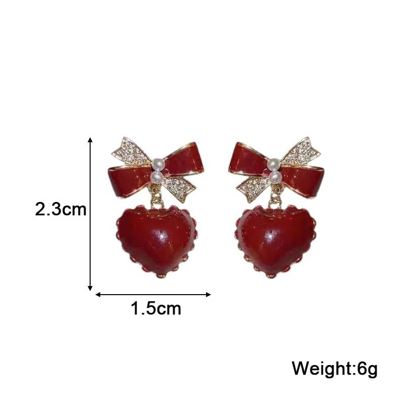 Bowknot Crystal Red Color Heart Pendant Earring for Women Sweet Gift Simple Geometry Temperament Creative Jewelry Accessory
