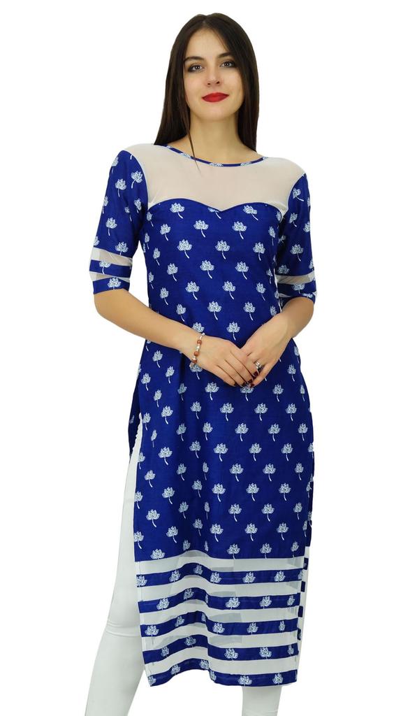 Bimba Womens Designer Blue Cotton Kurta Long Straight Kurti Classic Chic Indian