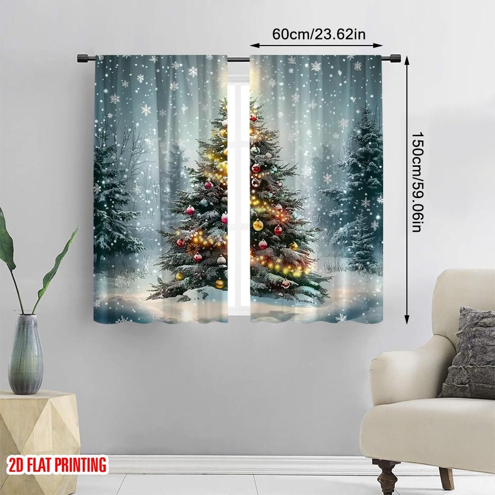 Set Of 2 Plane Printing Curtains Digital Printed Christmas Tree Snowfall Festive Durable Polyester Fabric Without Rod Curtain